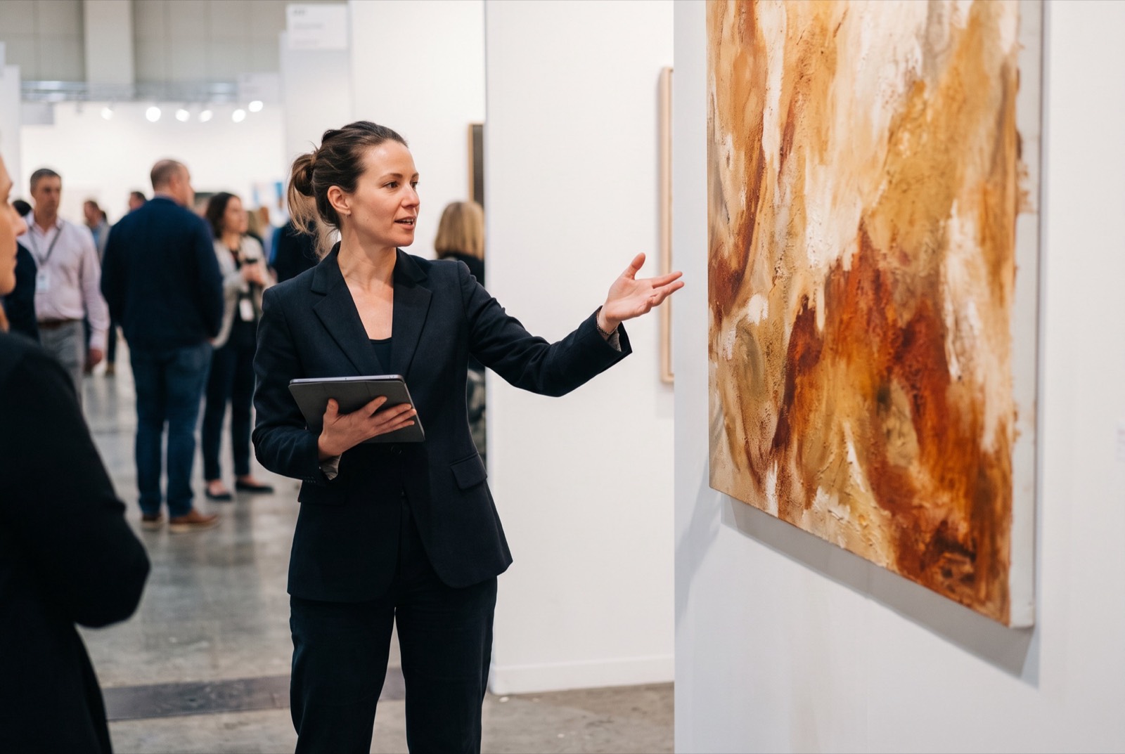 Galeriste debout sur un stand de foire d’art, œuvres accrochées derrière lui